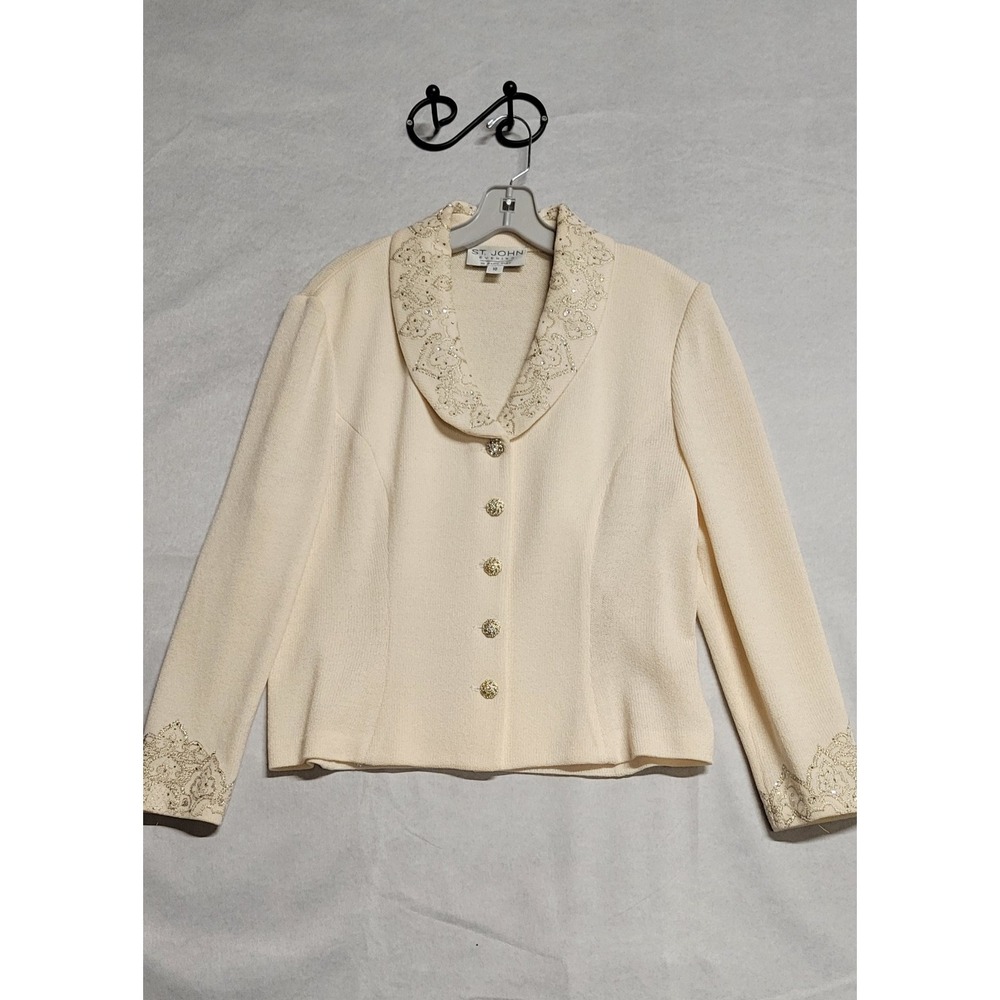 Cream W Stitch & Clear Crystal Trim  St John By Marie Gray Evening Jacket Sz 10